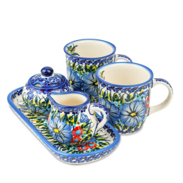 Zestaw kawowy Ceramika Bolesławiec wzór niebieskie maki