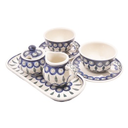 Zestaw Kawowy Filiżanka Ceramika Bolesławiec wzór pawie oczko - 100% rękodzieło, 5 elementów