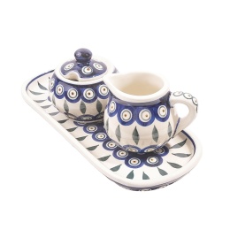 Zestaw Kawowy Filiżanka Ceramika Bolesławiec wzór pawie oczko - 100% rękodzieło, 5 elementów