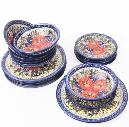 Zestaw Obiadowy 6 Osobowy Ceramika Bolesławiec, 20 Elementów, Ręcznie Malowany, Czerwone Maki