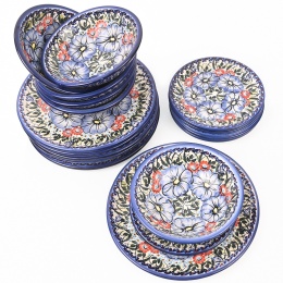 Zestaw Obiadowy 6 Osobowy Ceramika Bolesławiec, 20 Elementów, Ręcznie Malowany, Niebieskie Maki