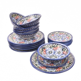 Zestaw Obiadowy 6 Osobowy Ceramika Bolesławiec, 20 Elementów, Ręcznie Malowany, Niebieskie Maki