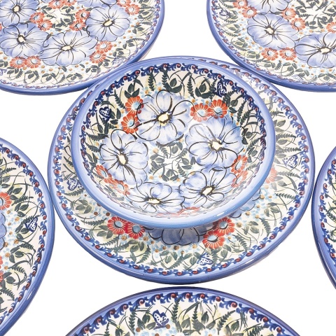Zestaw Obiadowy 6 Osobowy Ceramika Bolesławiec, 18 Elementów, Ręcznie Malowany, Niebieskie Maki